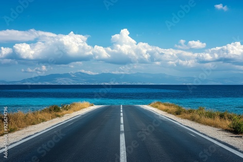 Tranquil asphalt road to ocean on summer beach, ideal for tourism trips, under blue sky, shore view