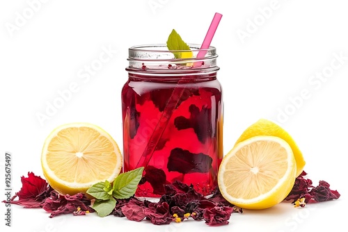 Hibiscus Tea Lemonade with Lemon Wedges and Mint Leaves - Photo