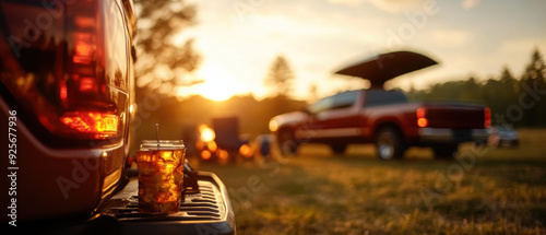 Outdoor camping scene with pickup trucks at sunset, featuring cold beverage on tailgate. Warm summer evening with relaxing atmosphere and nature.