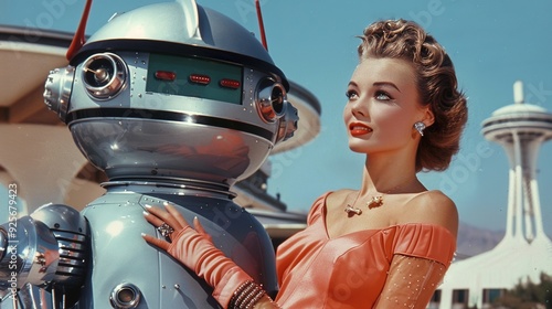 Ultra detailed 1950s color photo woman with large robot guard with spaceport in background