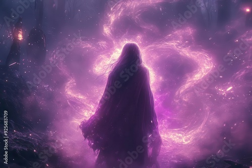 mysterious anime sorceress conjuring swirling magic aura ethereal purple wisps glowing runes moonlit forest backdrop cinematic lighting