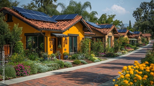 Eco-Friendly Neighborhood: A street of houses, each with solar panels on the roof, representing a community committed to renewable energy.