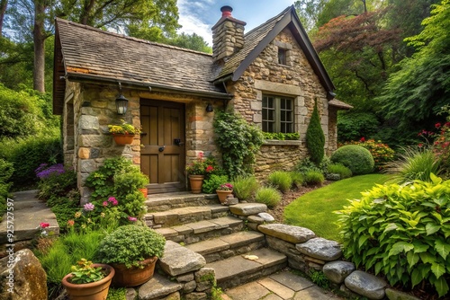 Serenely nestled among lush greenery, a tranquil stone stoop leads to a charming rustic cottage, evoking feelings of warmth and cozy seclusion.