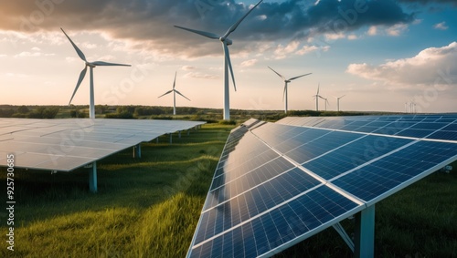 Modern renewable energy installation featuring wind turbines and solar panels under a dramatic sky, showcasing sustainable technology and eco friendly solutions