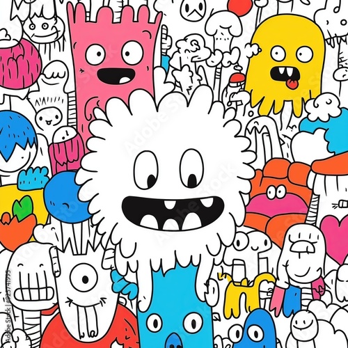 A fun and colorful cartoon doodle of cute monsters, each with its own unique personality and expression