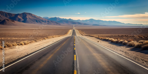 A wide-angle shot of a long, straight road cutting through a barren desert landscape