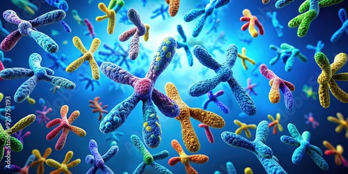 Vibrant illustration of human chromosomes, 23 pairs floating in a blue background, with each chromosome uniquely colored and detailed, representing genetic diversity and complexity.