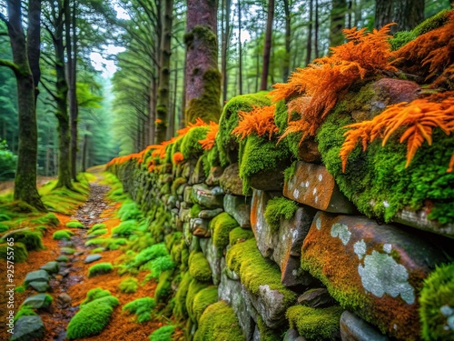 Vibrant orange and green lichens cling to ancient stone walls, surrounded by moss and ferns, in a serene and mystical forest landscape.