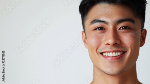 24 years old Asian male, copy space, smiling