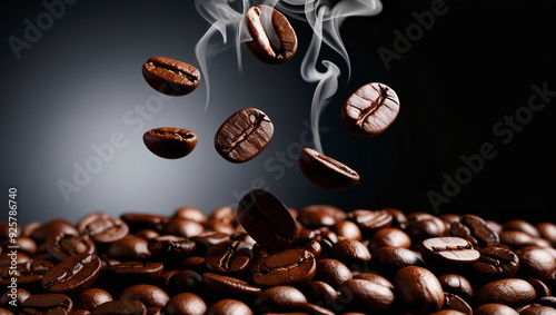 Coffee beans scattered around, coffee brown beans gushing, caffeine rush and smoke of hot coffee, wallpaper background illustration