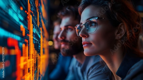 Group of data analysts discussing benchmarking data, with a high-resolution abstract stock graph backdrop, highlighting financial trends.