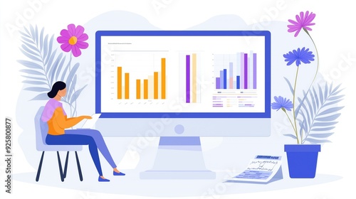 Professional Woman Analyzing Data Charts on Computer Display