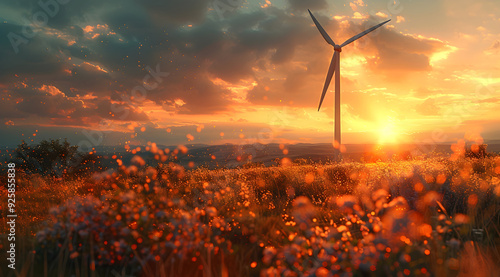 Wind Turbine Sunset Illustration