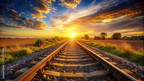 Railway stretching into the sunset with golden hues reflecting off the tracks, railway, sunset, golden, tracks