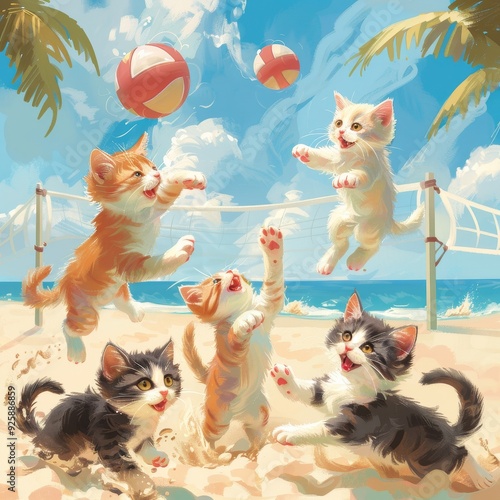 Adorable kittens playing beach volleyball on a sunny day with palm trees and ocean in a lively tropical scene