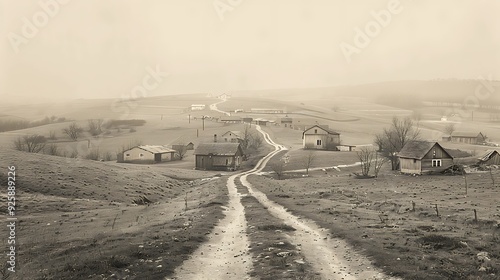 A panoramic view of a small village in the early 1900s, few houses, open fields, dirt roads, and a few villagers, sepia tones, clear sky, hd quality, natural look. --ar 16:9 --v 6.