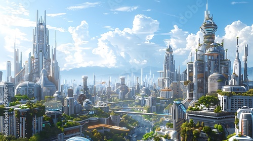 A panoramic view of the city skyline in the 2060s, fully integrated smart city, futuristic buildings with eco-friendly designs, autonomous vehicles, vibrant and utopian urban environment,