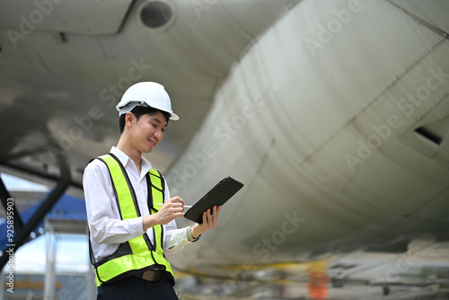 Male engineer or aviation technician using digital tablet in front of large aircraft engine