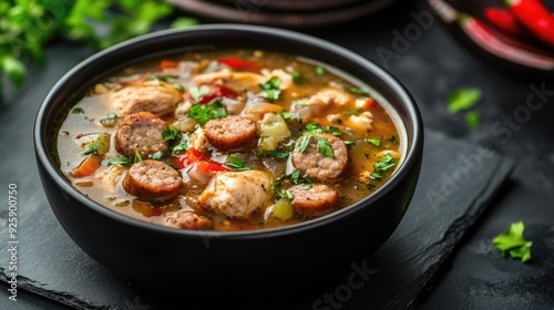 Louisiana Cuisine: Traditional Chicken and Sausage Gumbo Soup in Black Bowl on Slate Background