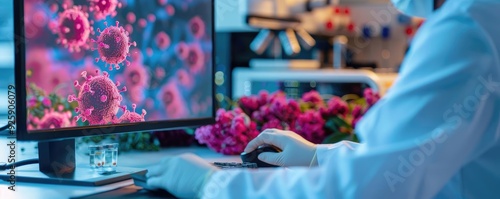 Researcher in a lab coat examining flu virus structure on a computer screen, scientific study, virology research