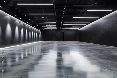 Modern empty industrial hall with polished concrete flooring and linear LED lighting on the ceiling. Suitable for concepts of industrial design, minimalist architecture, and versatile spaces.