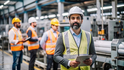 An Indian production manager wearing a safety vest and overseeing production processes in a factory. 