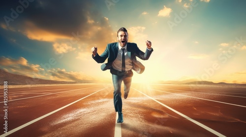 businessman sprinting across the finish line on a track, representing the culmination of a competitive business challenge,generative ai