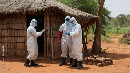 Scientists in protective antibacterial suits in an African village