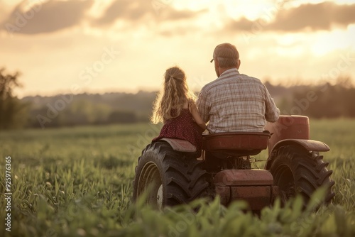 Generational farming farmer father and daughter on tractor, legacy of family agriculture