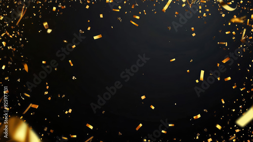 a black and gold background with confetti and streamers in the middle of the frame and a black background with confetti and gold confetti in the middle, high quality photo