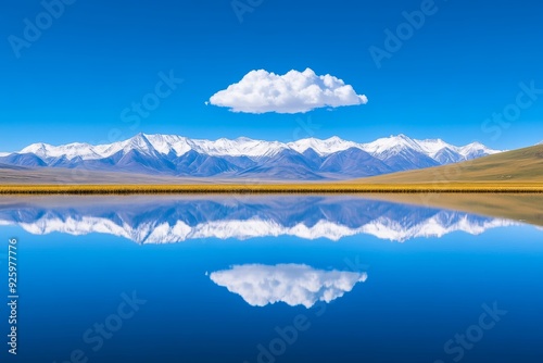 Majestic landscape reflection with nikon d850 white clouds, snowy peaks, tranquil waters