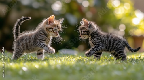 Kittens romp and chase each other on bright green grass in a garden