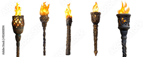 Ornate flaming torches in medieval style detailed and decorative lighting transparent background