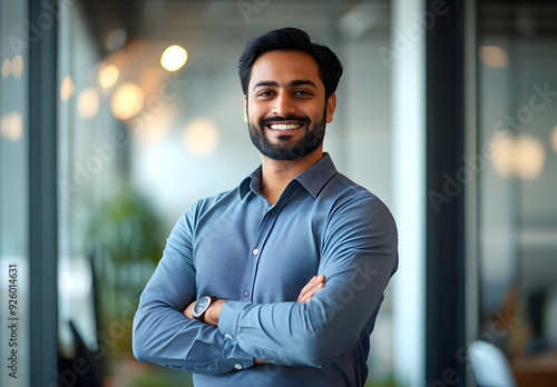 Happy Indian businessman professional leader standing arms crossed in office. Smiling male employee, business man company executive manager, confident eastern entrepreneur at work, 