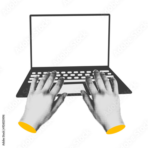 Halftone hands work on laptop computer with blank screen modern art collage cut out from magazine element for mixed media design. Vector illustration isolated on transparent background