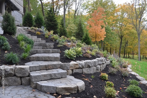 Stone steps lead to a house in the woods. This image is perfect for websites, brochures, or articles focused on landscaping, home design, or outdoor living.