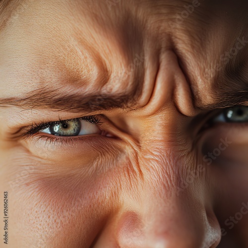 Closeup of a person's face with a wincing expression, showing nerve pain, discomfort