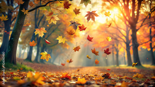 Autumn Leaves Falling in a Sunlit Forest. Serene and Colorful Autumn Scene with Golden Foliage Gently Floating to the Ground