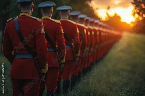 regal military lineup row of soldiers in vibrant red uniforms lush green field perfect formation golden epaulettes glinting in sunlight atmosphere of discipline and pageantry