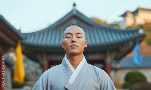 Korean monk wearing gray monk's robe with eyes closed with temple in background, Generative AI