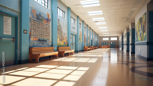 Spacious School Corridor with Blue Accents and Benches