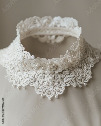 A delicate collar embellished with lace, placed on a subtle backdrop, highlighting the exquisite artistry and attention to detail in its design.