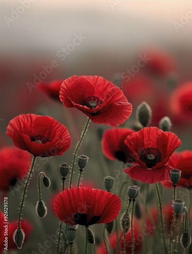 A backdrop of poppies in full bloom highlights the striking red petals set against a gently blurred background, creating an eye-catching and beautiful scene.