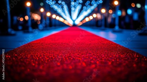 A dazzling red carpet unfurls under a canopy of twinkling lights, inviting stars to shine bright.