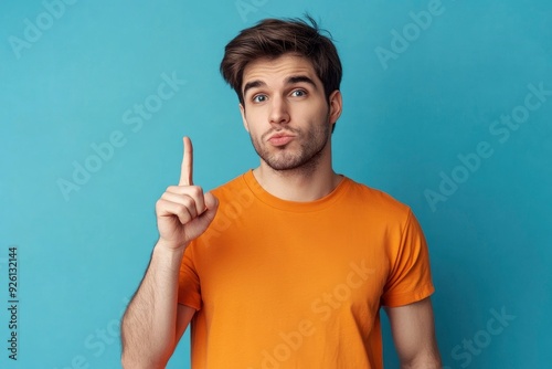 Photo of attractive dreamy man dressed orange shirt looking showing finger empty space isolated blue color background with generative ai