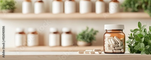 A peaceful herbal dispensary with wooden shelves displaying various mental health supplements and plants