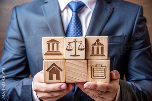 Professional attorney holds wooden blocks with icons, emphasizing probate law concept, highlighting court-ordered inheritance of property and wealth management for estates.