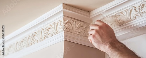 Person adding crown molding and trim to a living room, showcasing the elegance and detail added through decorative home improvements