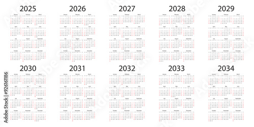 Calendar grids from 2025 to 2034 icon in flat style. Planner vector illustration on isolated background. Calender sign business concept.