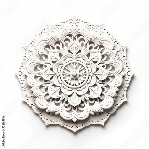 Minimalist mandala artwork. A beautifully intricate white mandala design, featuring detailed floral patterns and symmetrical shapes, set against a plain white background.